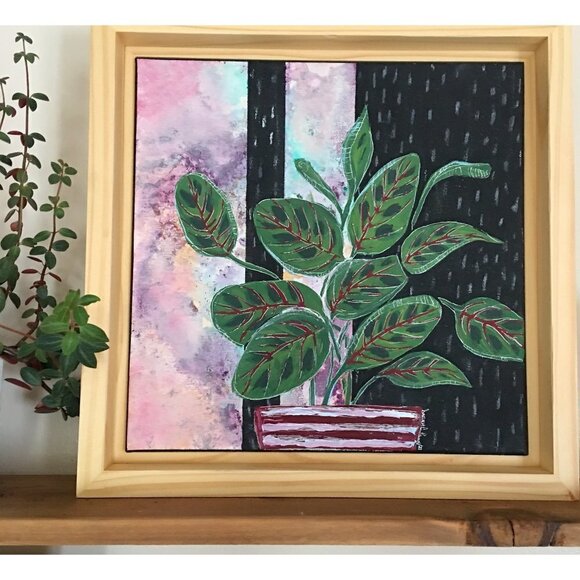 Original Framed Painting of Prayer Plant, Boho Nature Art Christmas  Gift - Picture 1 of 10